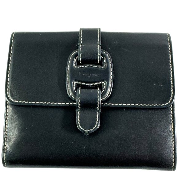 SALVATORE FERRAGAMO Black Leather Bi Fold Coin Purse Made in Italy